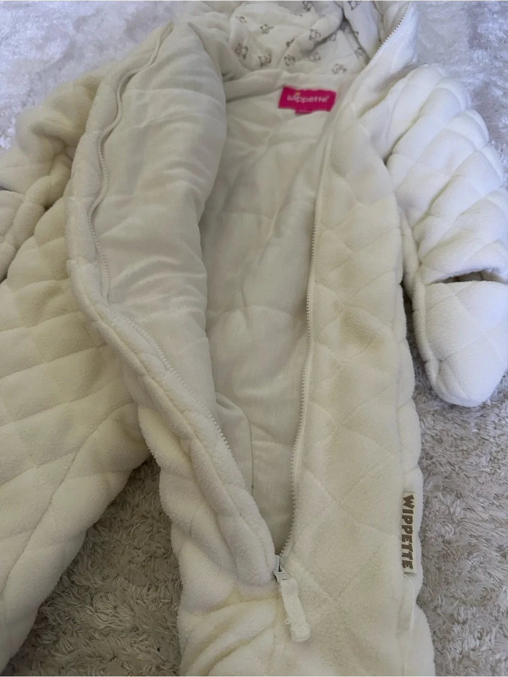 Wippette Cream Quilted Baby One-Piece with Bear Hood